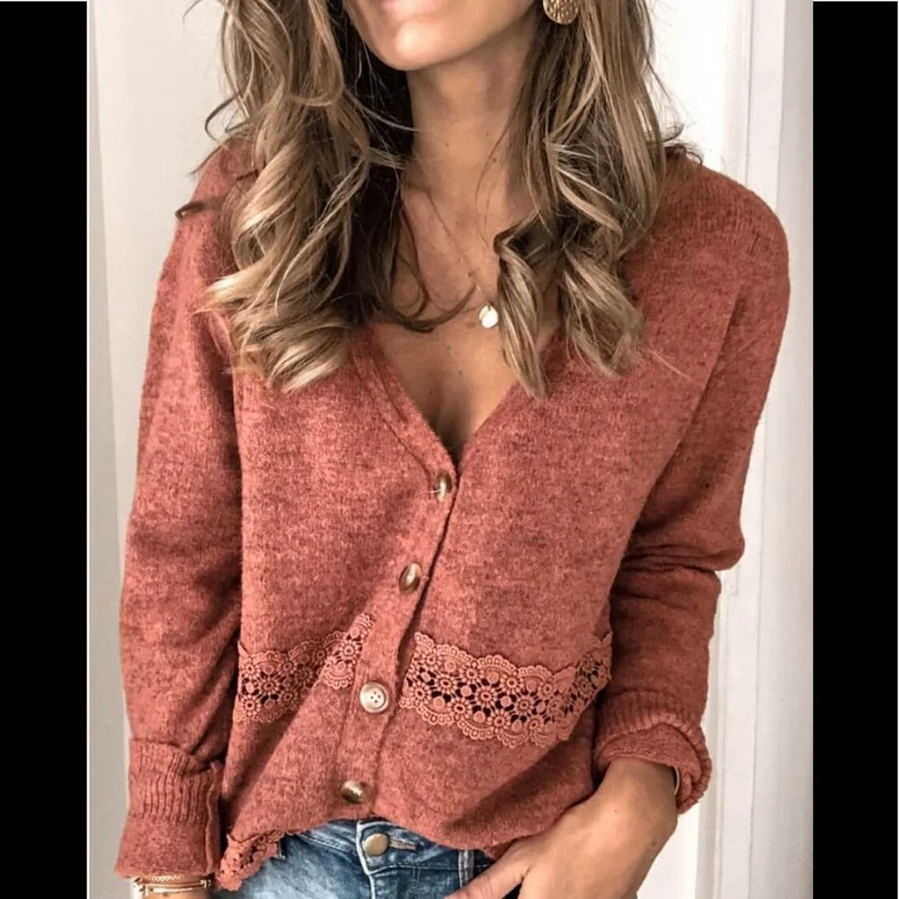 Deep V Neck Lace Patchwork Brick Rustic Red Button Up Cardigan Sweater